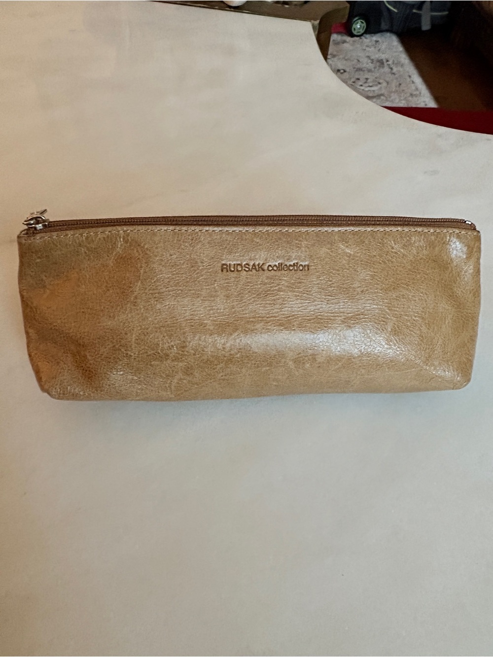 RUDSAK Tan Leather Pencil Pouch Makeup Bag